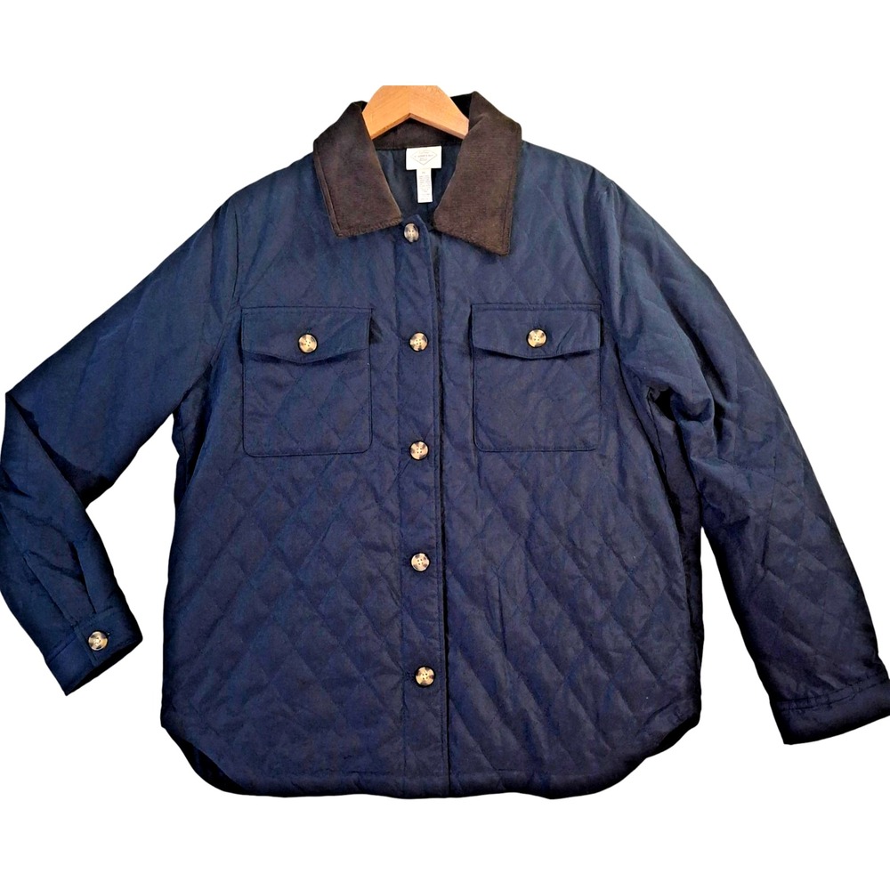 St Johns Bay Quilted barn Jacket Men's XL Navy Corduroy Collar Insulated Shacket
